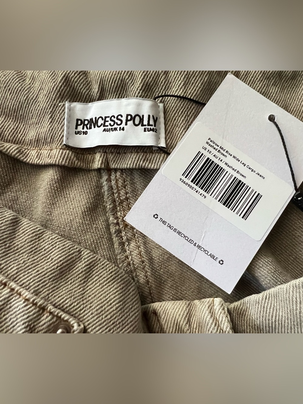 NWT Princess Polly Paltrow MidRise Wide Leg Cargo Jeans Pants Sz 10 Washed Brown - Picture 7 of 12